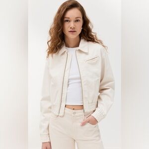 Reformation Women's Kinsley Cropped Denim Bomber Jacket Cream- Size Small